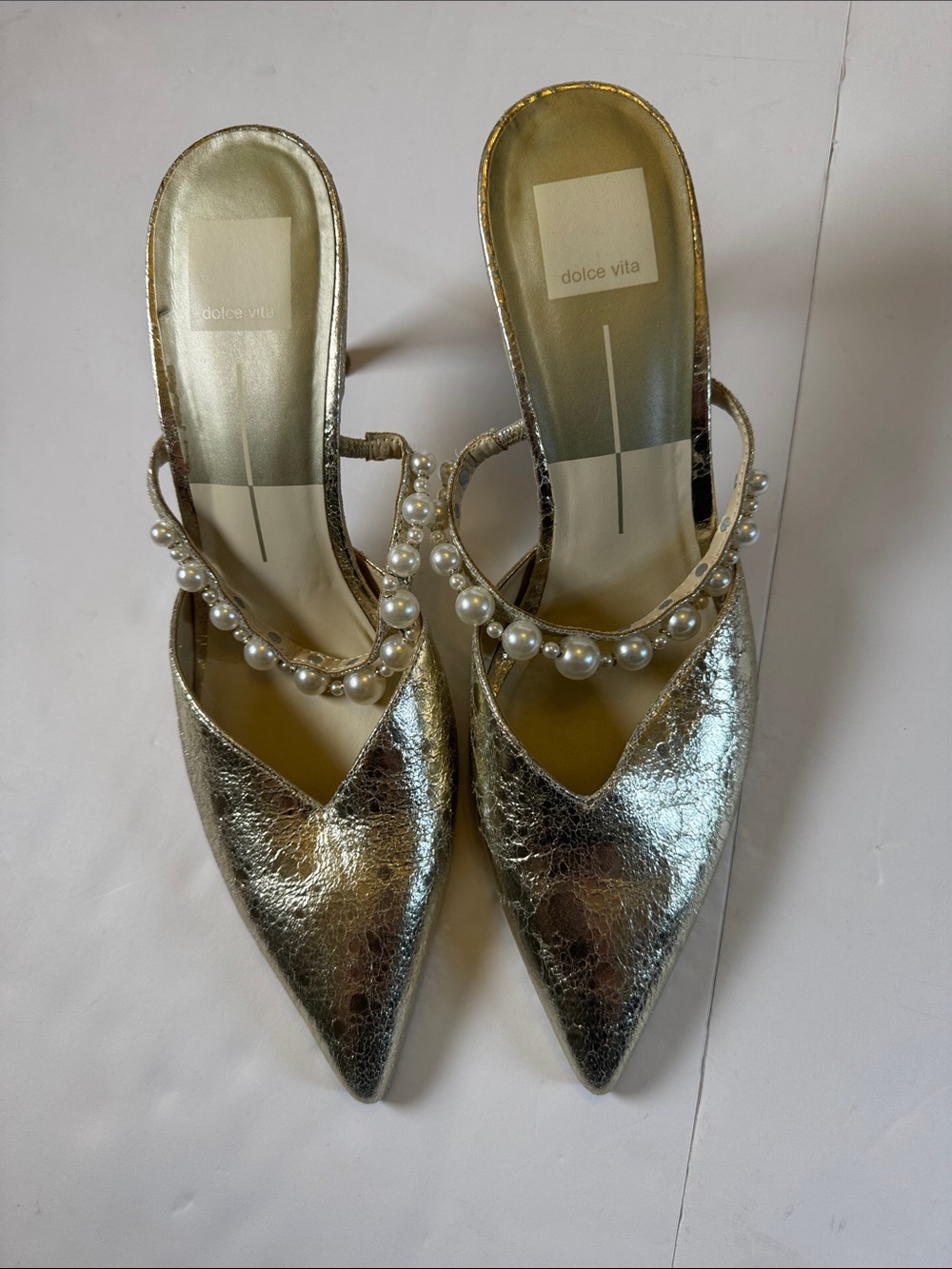 Dolce Vita Metallic Gold Pointed Pearl-Strap Mules